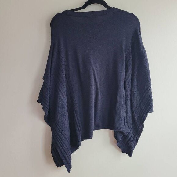 navy blue knit asymmetric handkerchief hem dolman style sleeve split hem - Picture 2 of 11